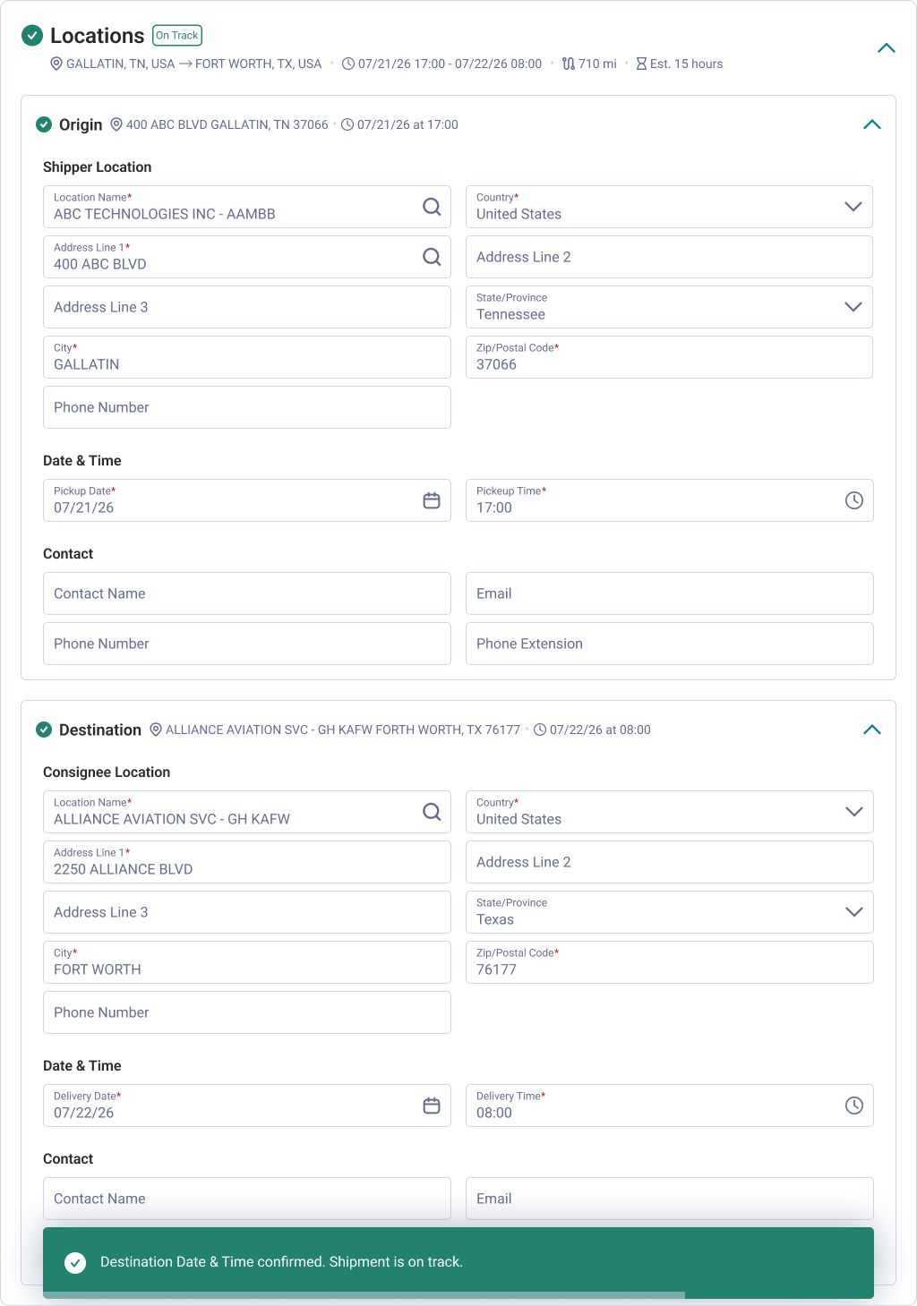 Updated origin/destination containers showing the new distance calculation pattern.