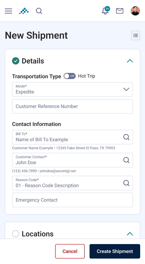 Mobile shipment entry form with the new nested side navigation button.