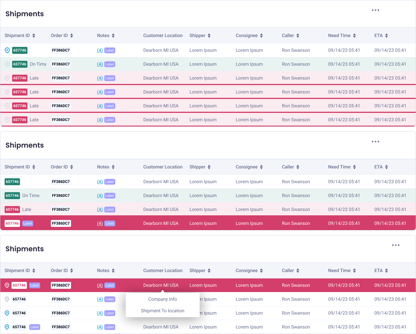 3 different designs that explored how to identify early and late shipments.